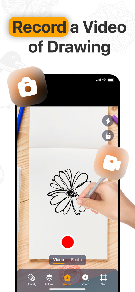 AR Drawing app interface showing the feature to record a video while sketching a flower on paper
