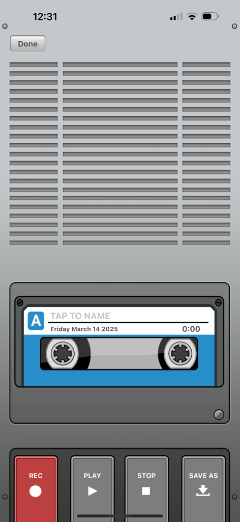 Mobile app recording interface with a vintage cassette tape design and control buttons for recording and playback.