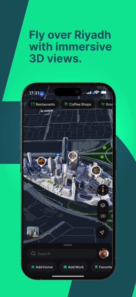 HudHud Maps - HudHud Maps mobile app screenshot showcasing an immersive 3D view of Riyadh city landmarks and navigation interface