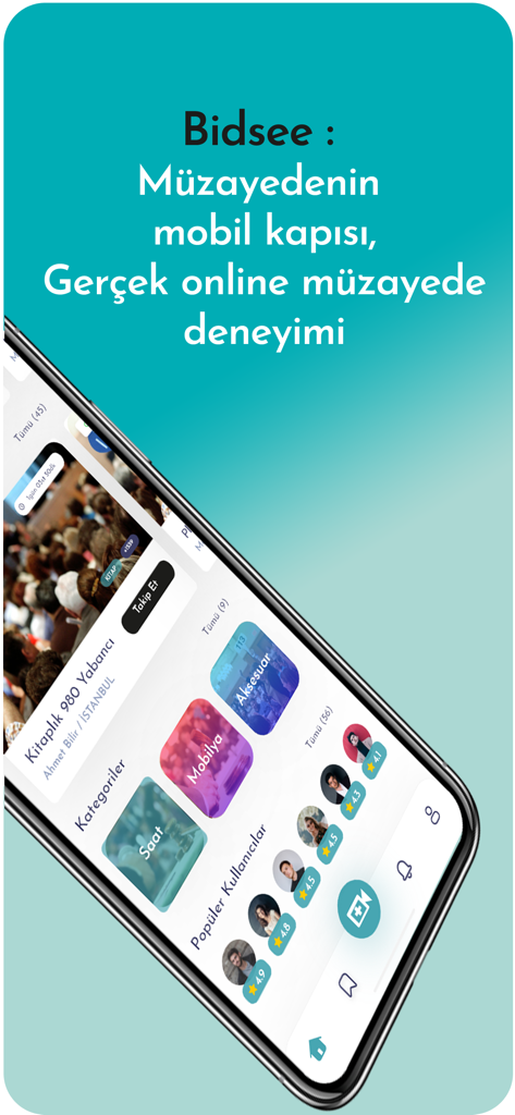 Bidsee - Online Auction - Bidsee mobile app home screen showing auction categories and popular users