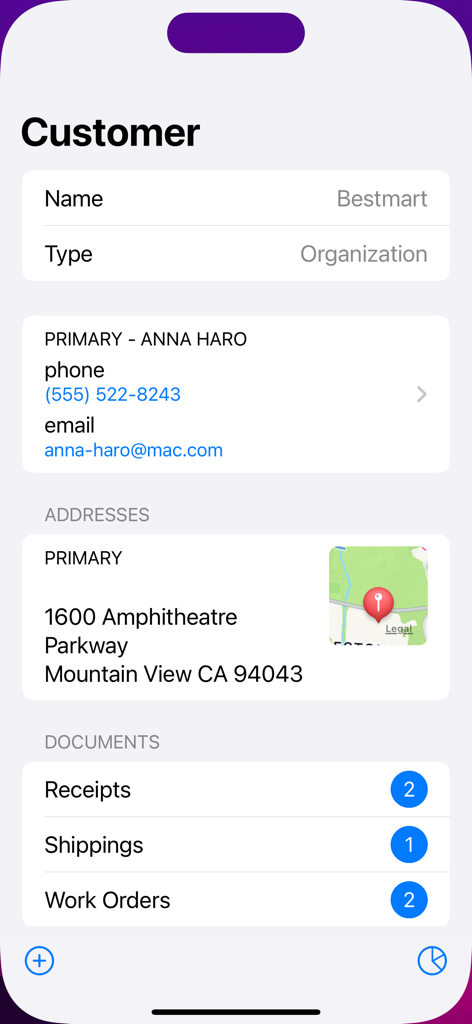 Invoice Center - Get Paid Fast - Mobile app interface showing customer contact information and linked business documents