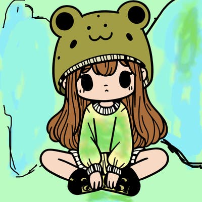 a girl wearing a frog hat and some frog socks