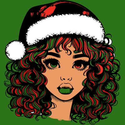 realistic girl with a santa hat curly hair and lips