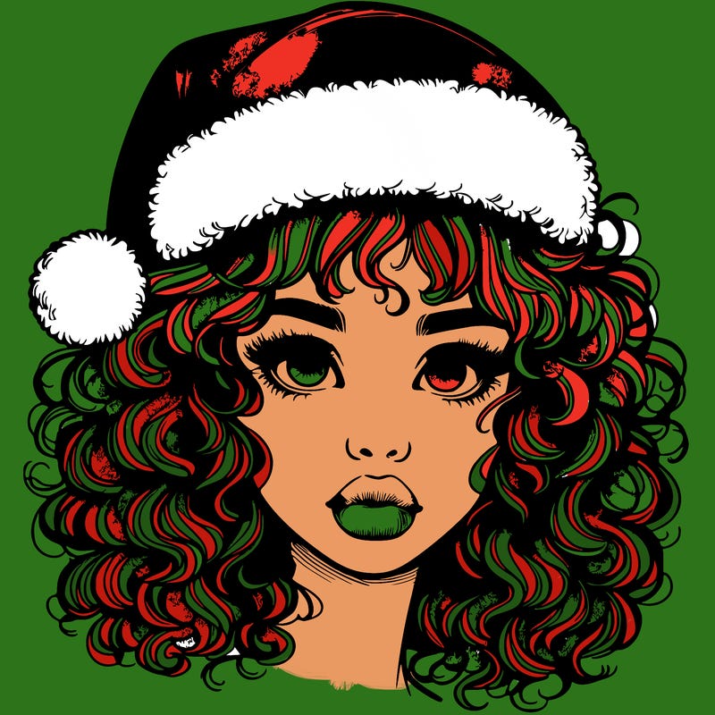 realistic girl with a santa hat curly hair and lips