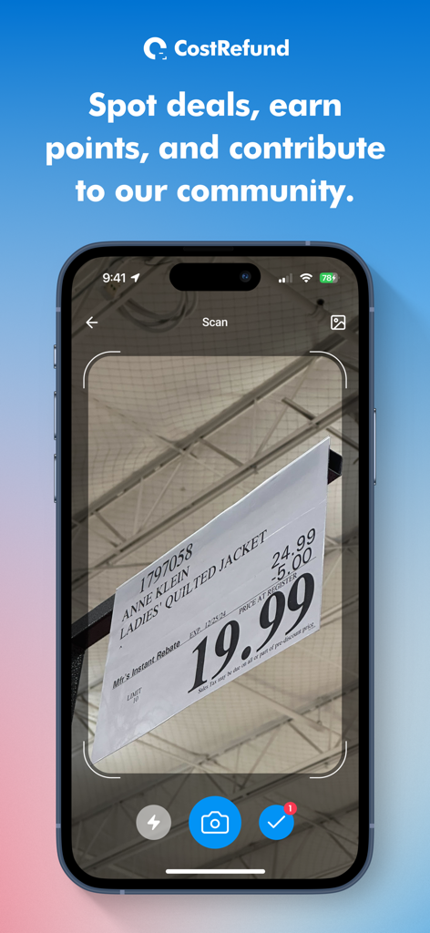 iPhone screen showing the CostRefund app scanning a Costco price tag for an Anne Klein jacket