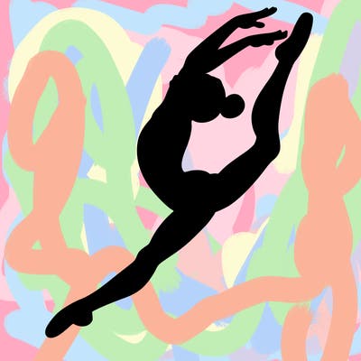 gymnast doing a leap in a leotard with a bent back leg