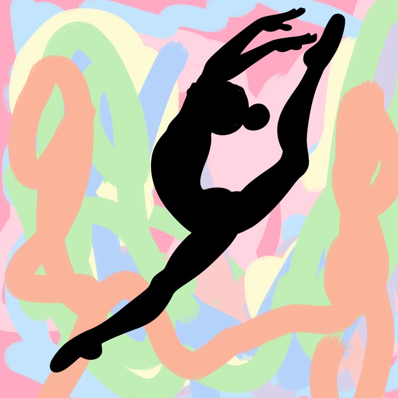 gymnast doing a leap in a leotard with a bent back leg