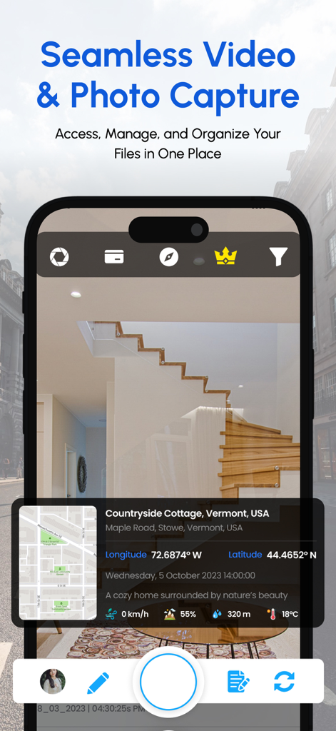 GPS Map Camera & Video Capture - GPS Map Camera interface showing a photo with geotagging data including map coordinates and location details
