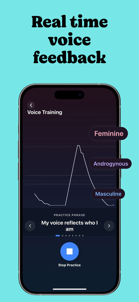 Voicepill: Voice Training - Voicepill app screenshot showing a real-time voice training graph with feminine androgynous and masculine markers.