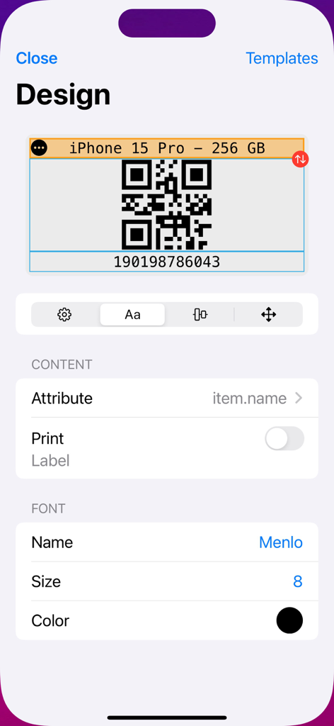 Interface for designing custom QR code and barcode labels for inventory items including font and attribute settings.