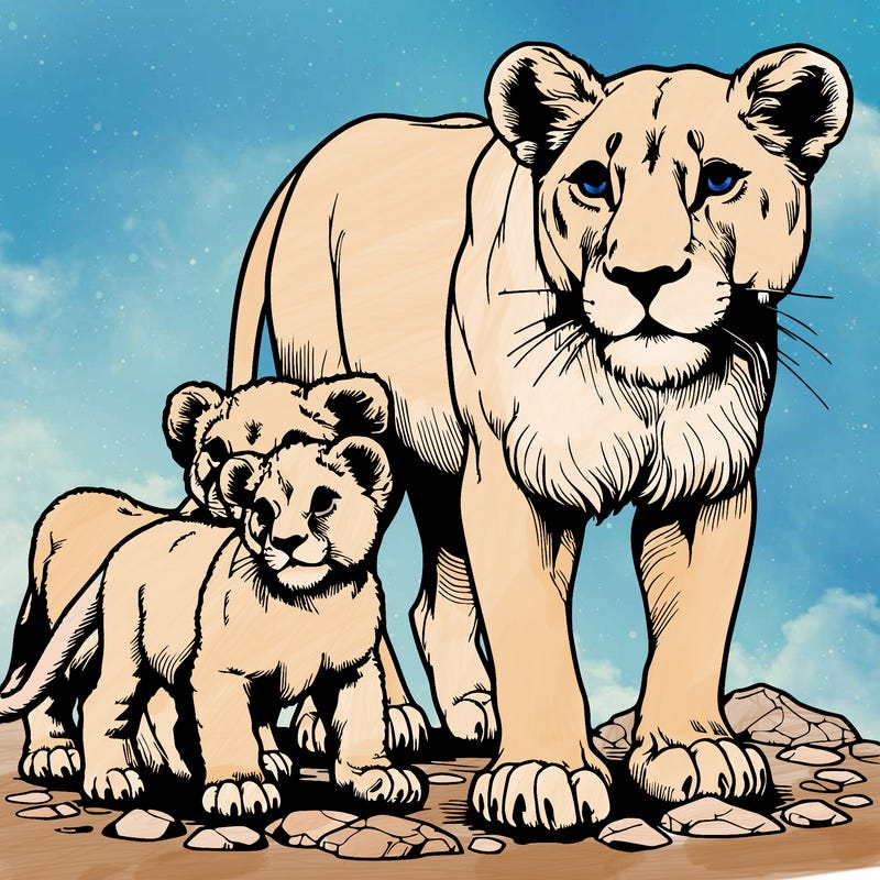 realistic lioness with two cubs