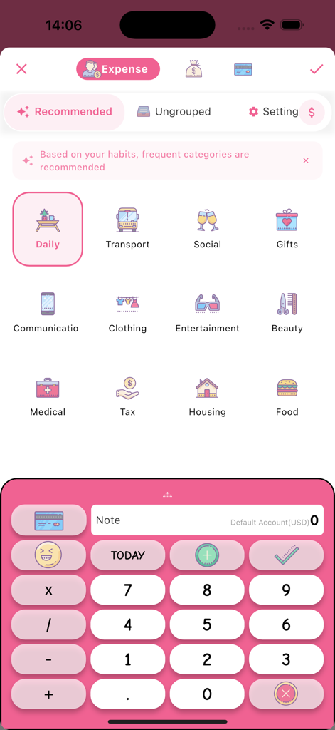 A cute financial tracking interface with category icons and a pink numeric input keypad