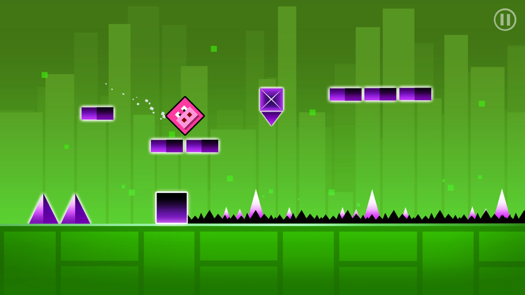 Geometry Run - Make The Block Dash - Personaggio quadrato rosa che salta sopra ostacoli viola in un livello a tema verde