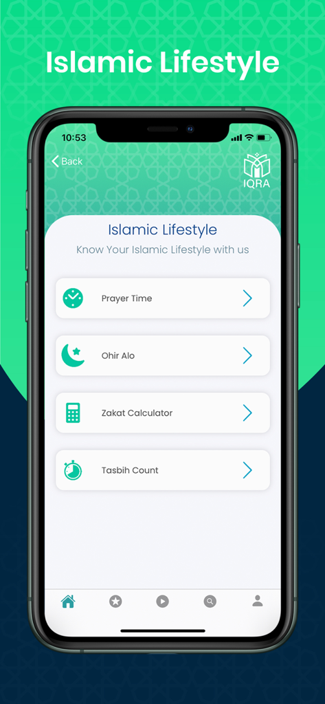 IQRA app interface showing the Islamic Lifestyle section with features like Prayer Time and Zakat Calculator