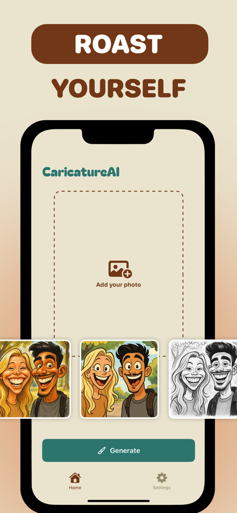 CaricatureAI: Caricature Maker - Interfaz de la aplicación CaricatureAI mostrando la función 'Roast Yourself' con múltiples ejemplos de estilos de caricatura