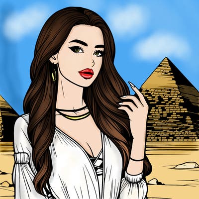 realistic female fashion model posing near pyramid in egypt