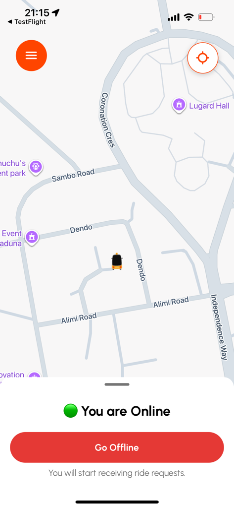 KEKE GO Driver - Interfaz de mapa de la aplicación KEKE GO Driver que muestra un ícono de triciclo y el estado del conductor como en línea