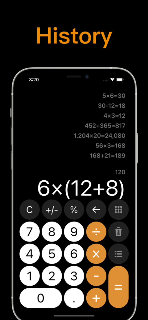 A calculator app on iPhone showing a history log of multiple calculations and a numeric keypad