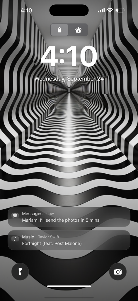 AI 4D & 3D Parallax Wallpapers - iPhone lock screen showing a black and white 3D parallax wallpaper with an abstract wavy optical illusion corridor