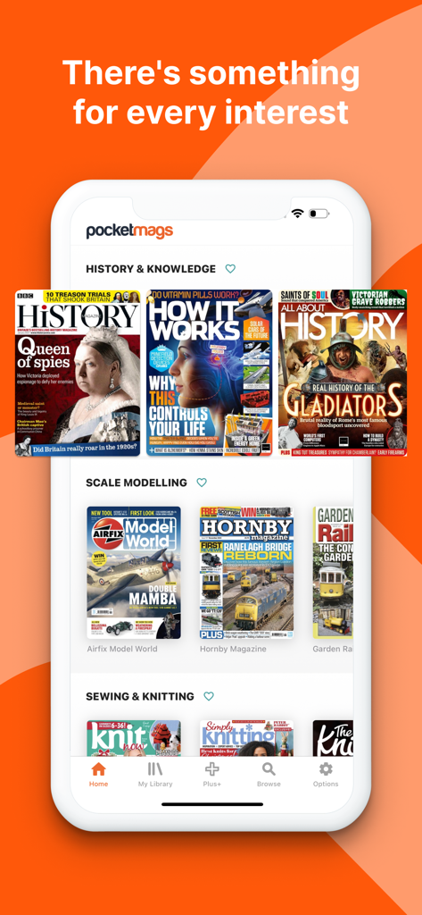 Pocketmags Digital Newsstand - Pocketmags app showing magazine categories for history, scale modelling, and knitting