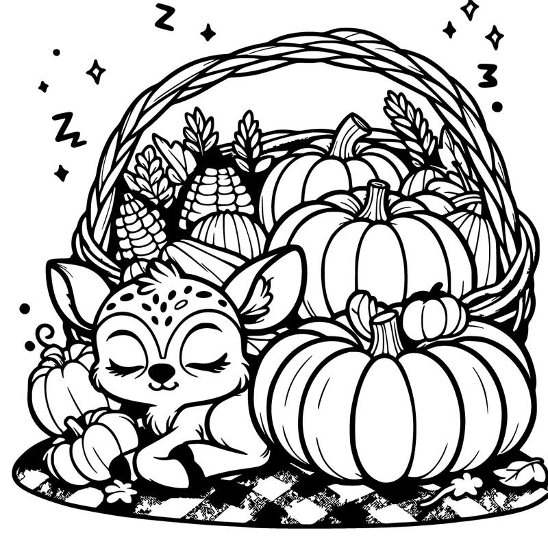 cornucopia with pumpkins and a sleeping baby deer next to it