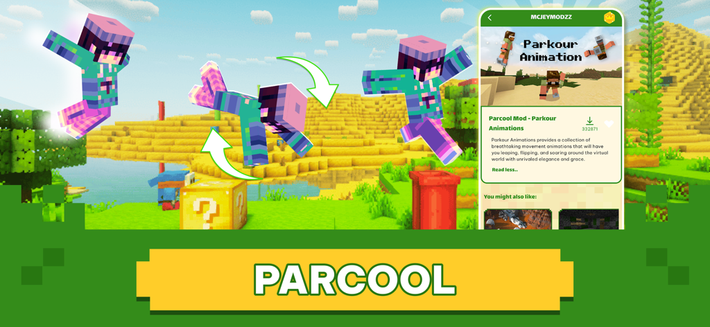 Maps for Minecraft & Addons - Minecraft character performing parkour animations and flips from the Parcool mod