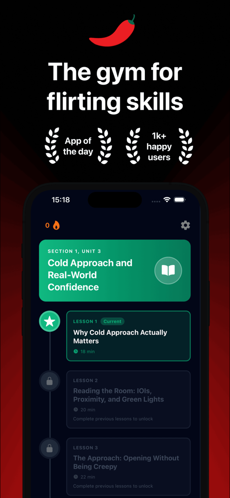 Sauce: Learn to Flirt - Sauce app interface showing a structured curriculum of lessons for building flirting skills and social confidence.