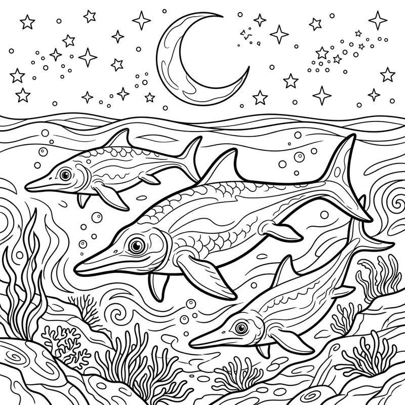 Embark on an epic coloring adventure with our Ichthyosaurs at Night printable! Explore the mysteries of the ancient deep as these fascinating marine reptiles swim gracefully beneath a luminous crescent moon and twinkling stars.