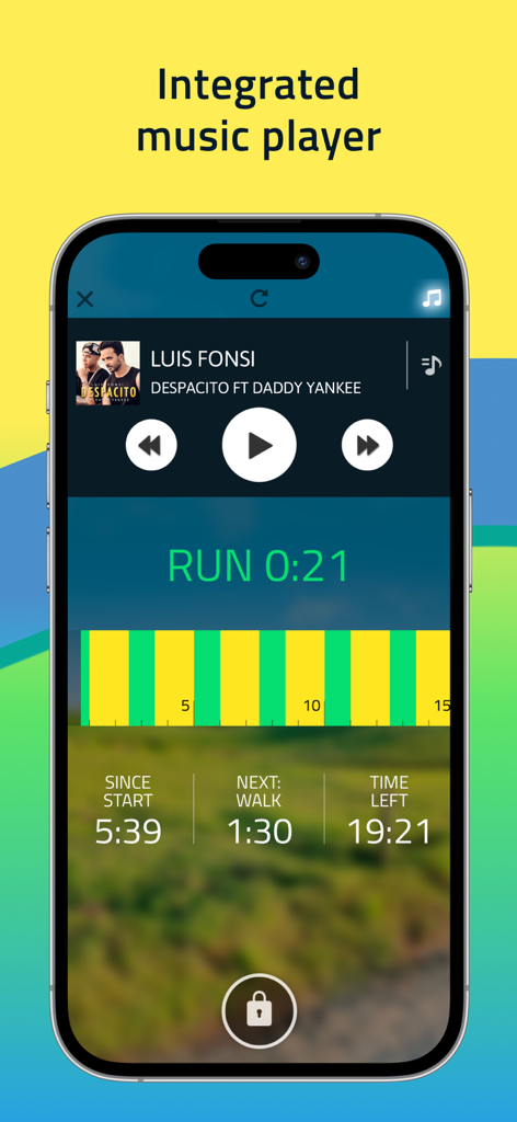 10K Runner, Couch to 10K Run - 10K Runner app interface showing the integrated music player and interval workout timer