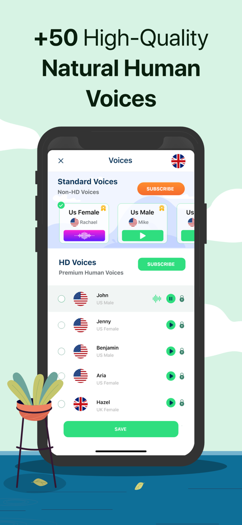 Text To Speech : Audio Books - テキスト読み上げアプリのインターフェース。選択用のプレミアムな自然な人間の音声のリストが表示されている