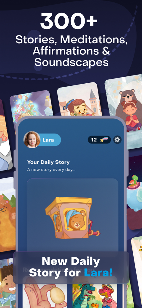 Storybook: Sleep & Meditation - Storybook app mobile screen displaying a personalized daily bedtime story for a child named Lara