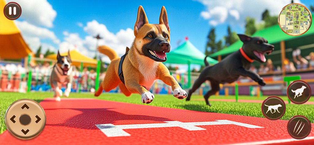 Dog Life Simulator: Dog Games - Three dogs competing in a race on a red track within the Dog Life Simulator game interface.