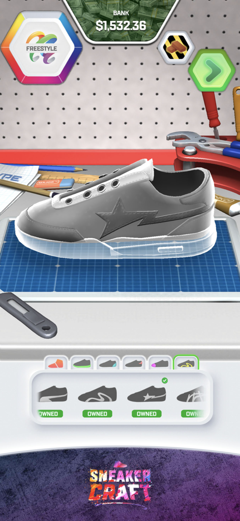 Sneaker Craft - DIY Shoe Art - A grey sneaker on a digital workbench in the Sneaker Craft DIY Shoe Art app