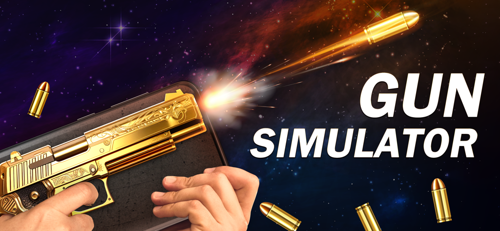 Gun Simulator - Gun Sounds - A golden pistol firing a bullet against a space background in the Gun Simulator app