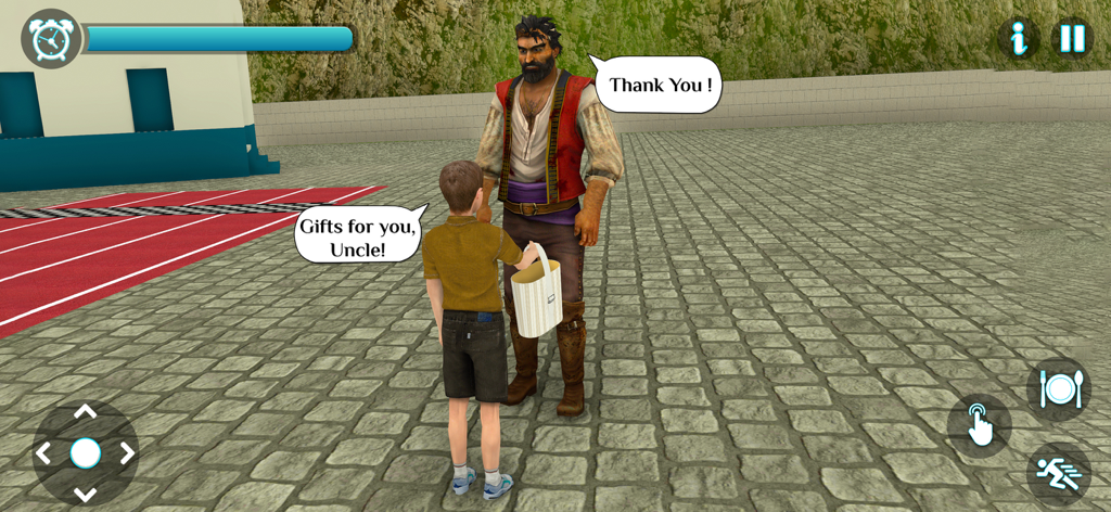 A boy character giving a gift bag to an older man in the Muslim Sim Islamic Eid Game