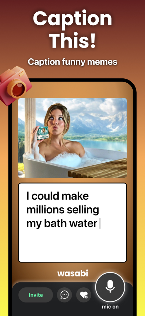 Wasabi - Viral Party Games - The Caption This game mode in Wasabi app showing a humorous meme about selling bath water.