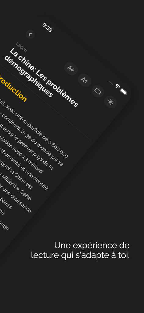 Yello-app - Yello app lesson screen showing adjustable reading settings and a geography lesson in French
