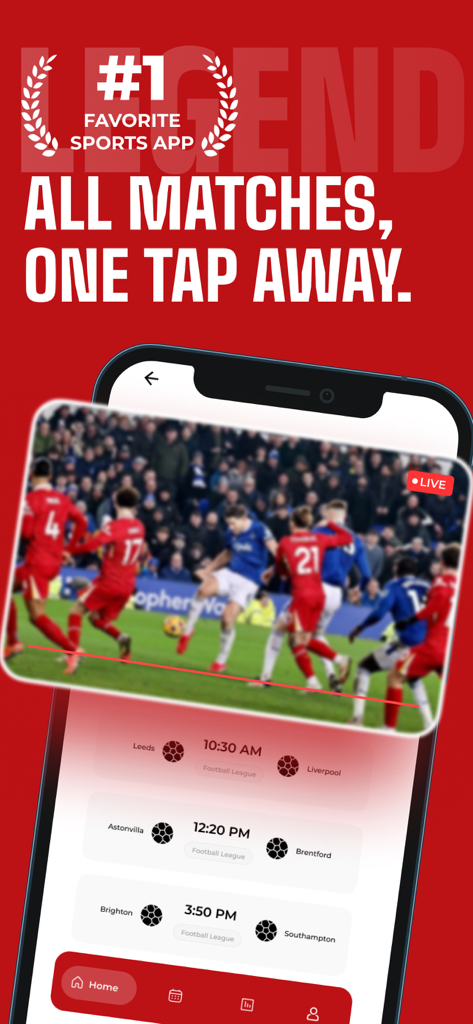 Tudo Football App home screen with live soccer video and match schedules
