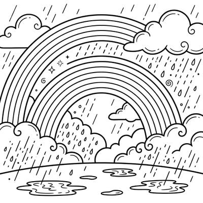 Bring a splash of color to a gloomy day with this enchanting double rainbow coloring page. Perfect for capturing the beauty of a post-rain sky, complete with clouds and shimmering puddles.
