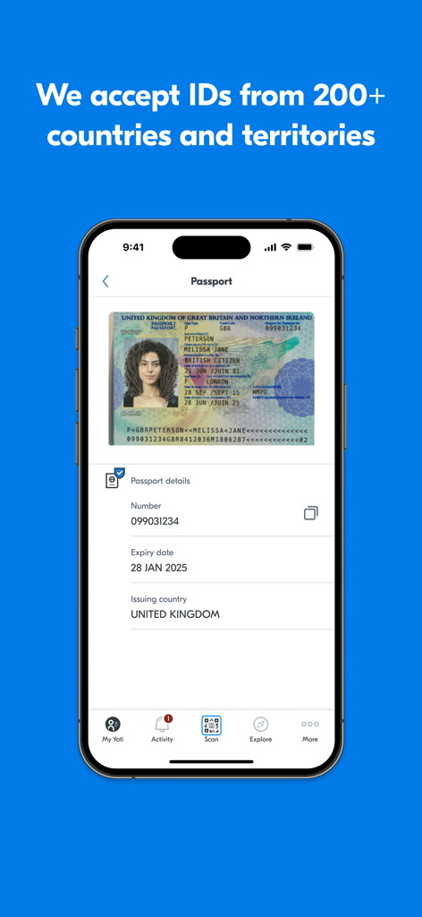 A smartphone screen displaying a digital passport scan and identity details within the Yoti app