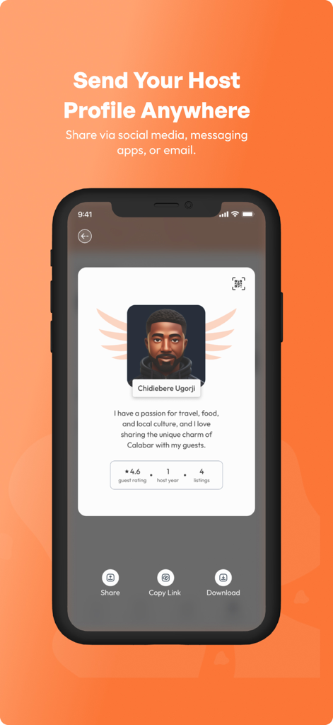Traclet - Traclet app interface displaying a host profile with options to share, copy link, and download.