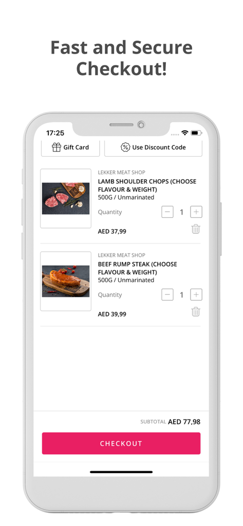 LEKKER MEAT SHOP UAE - Lekker Meat Shop VAE App Kassenbildschirm mit einem Einkaufswagen mit Premium-Lamm- und Rindfleischschnitten.