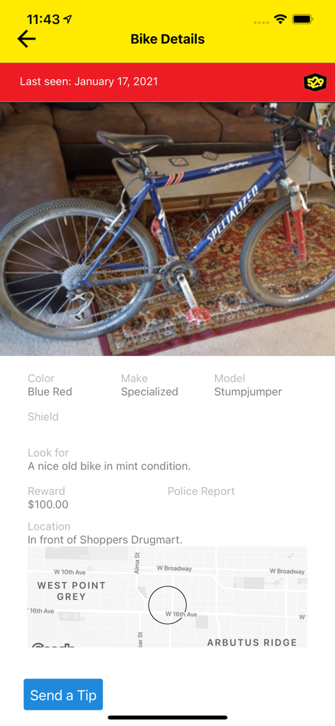 529 Garage - Stolen bike details page in 529 Garage app showing a blue Specialized mountain bike and location map.