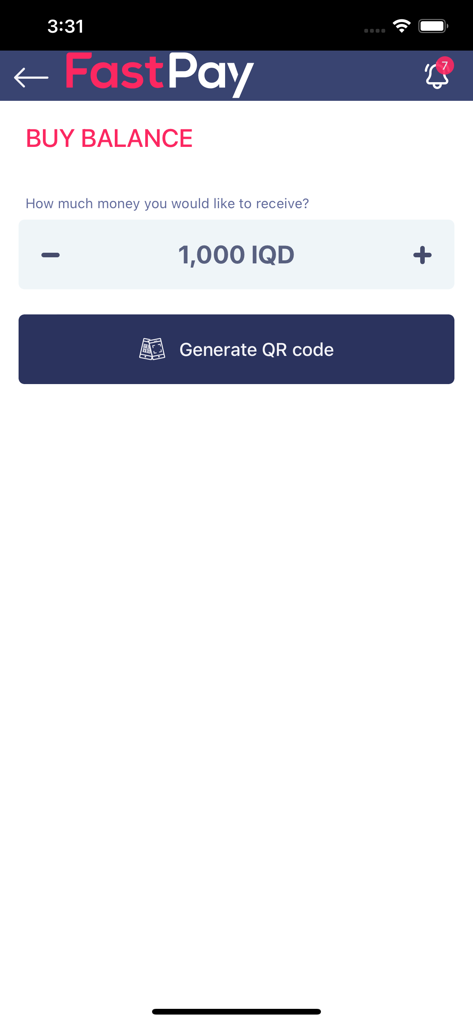 Fastpay Agent - FastPay Agent app interface showing the Buy Balance screen with an input for 1000 IQD and a Generate QR code button