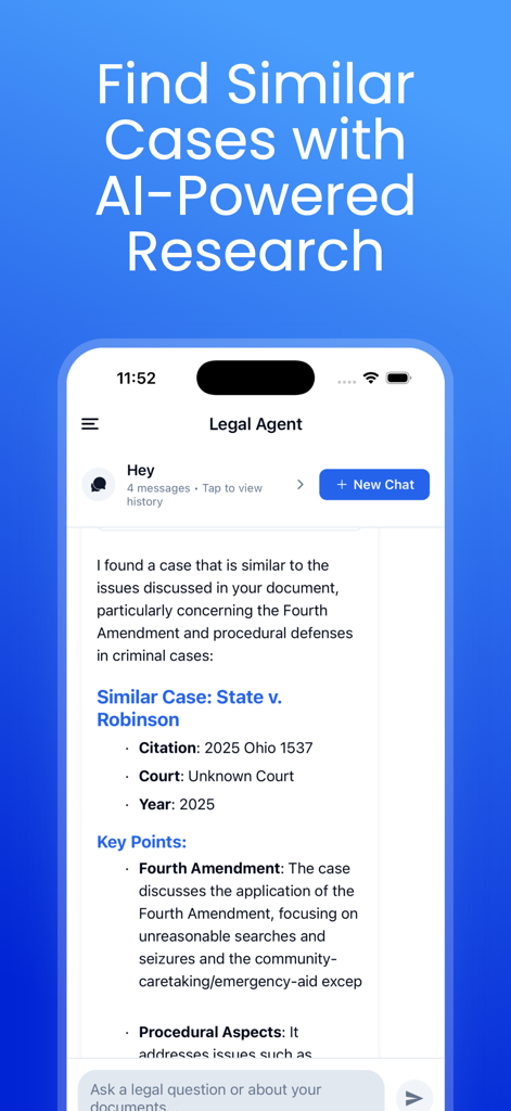 Uma tela de smartphone mostrando a interface do aplicativo v-Lawyer com pesquisa de casos jurídicos e citações com tecnologia de IA