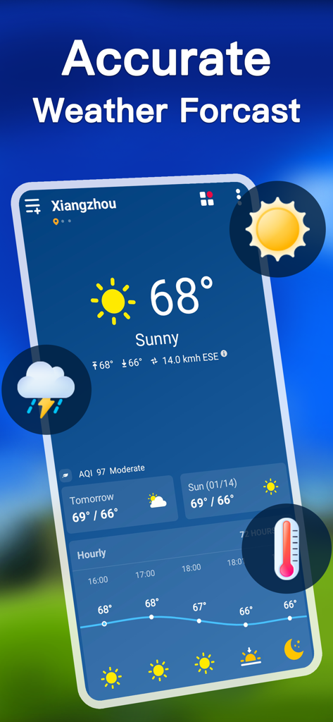 Weather - Accurate Weather App - Accurate Weather Appの現在の気温、毎時間の予報、天気アイコンを表示するスマートフォンの画面