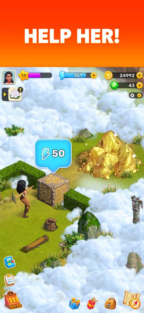 Klondike Adventures: Farm Game - Um personagem usando uma picareta para limpar um bloco de pedra em uma paisagem de montanha coberta por névoa no Klondike Adventures.