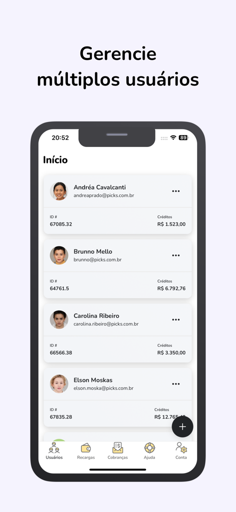 Picks Manager - Una interfaz móvil de la aplicación Picks Manager que muestra una lista de múltiples perfiles de estudiantes con sus nombres, IDs de cuenta y saldos de crédito.