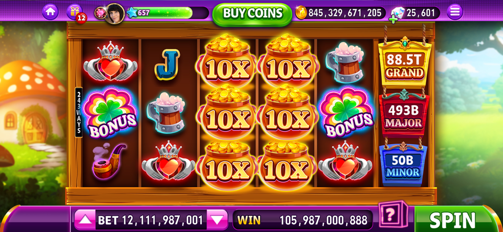 Hit it Rich! Casino Slots Game - Gameplay di Hit it Rich Casino Slots che mostra una grande vincita con pentole d'oro e jackpot