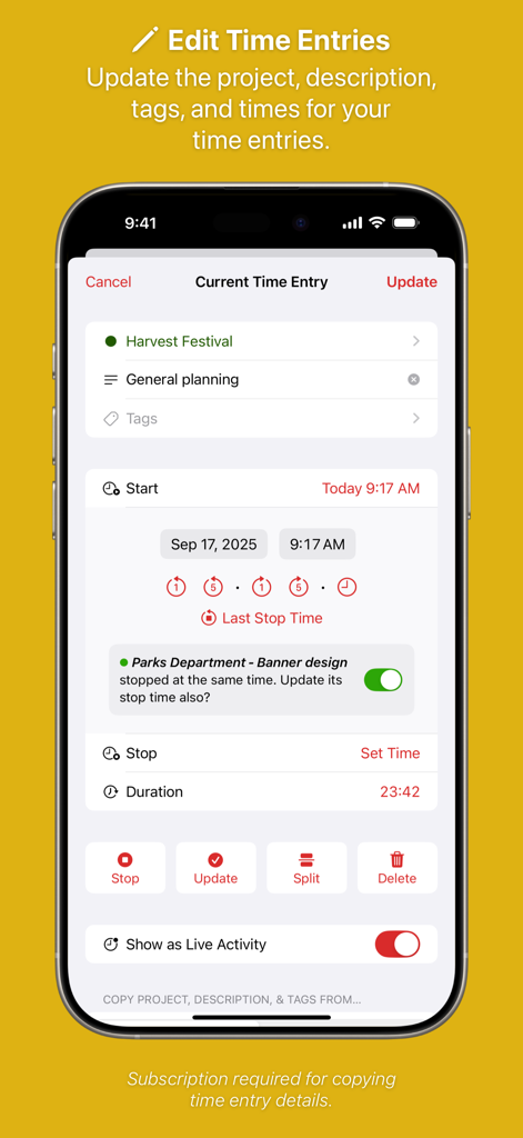 Timery: Time Tracker - A mobile screen showing the edit time entry interface in Timery with project and duration details.